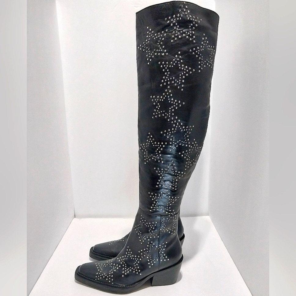 Nasty Gal Real Leather Star Studded Over The Knee Western Boots, New, Size 36